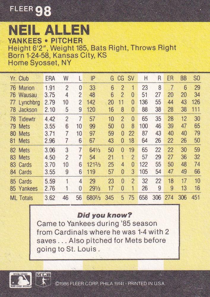 Neil Allen  baseball card collectible - Main Image 2