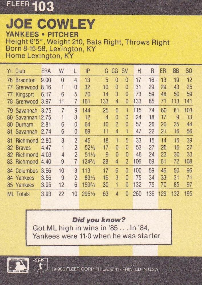 Joe Cowley  baseball card collectible - Main Image 2