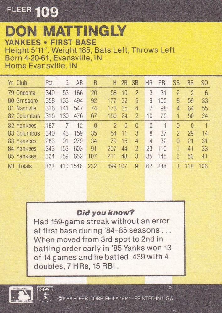 Don Mattingly  baseball card collectible - Main Image 2