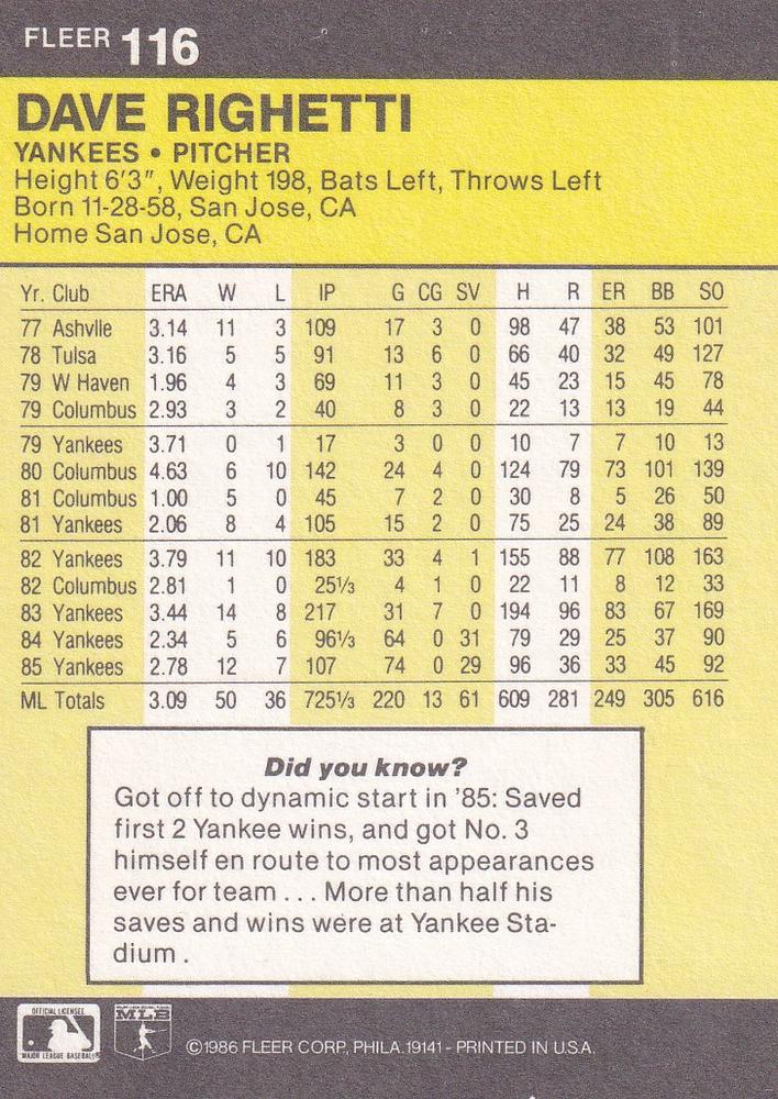 Dave Righetti  baseball card collectible - Main Image 2