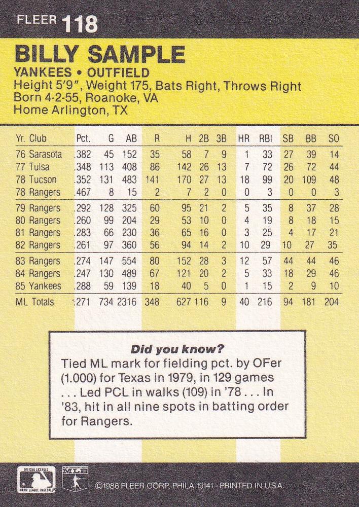 Billy Sample  baseball card collectible - Main Image 2