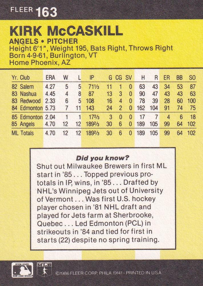 Kirk McCaskill  baseball card collectible - Main Image 2