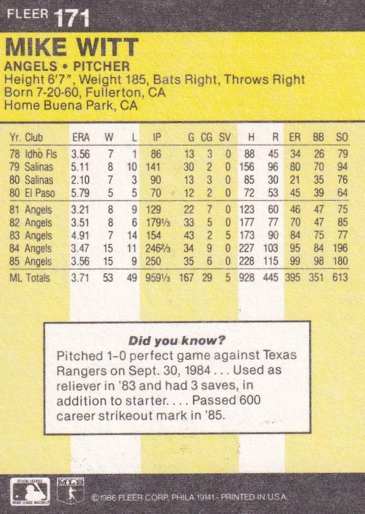 Mike Witt  baseball card collectible - Main Image 2