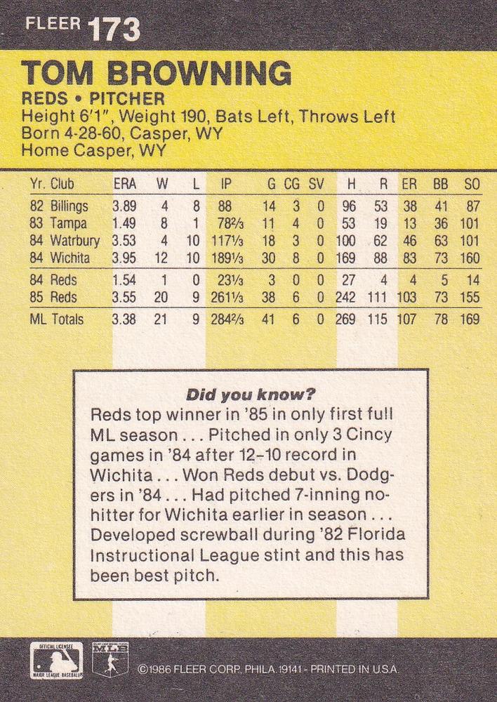 Tom Browning  baseball card collectible - Main Image 2