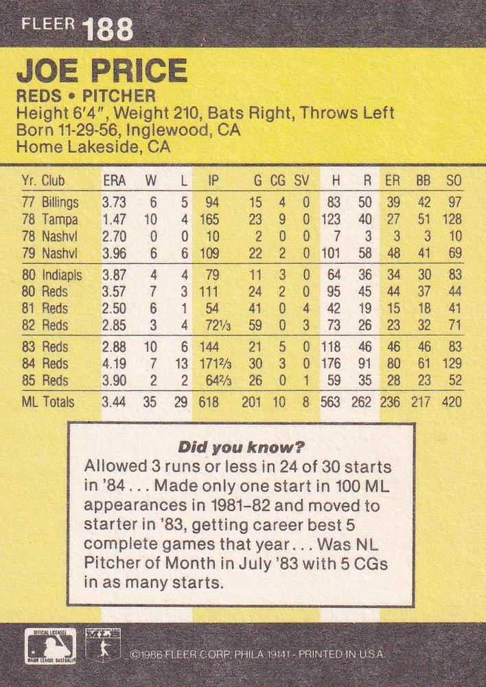 Joe Price  baseball card collectible - Main Image 2