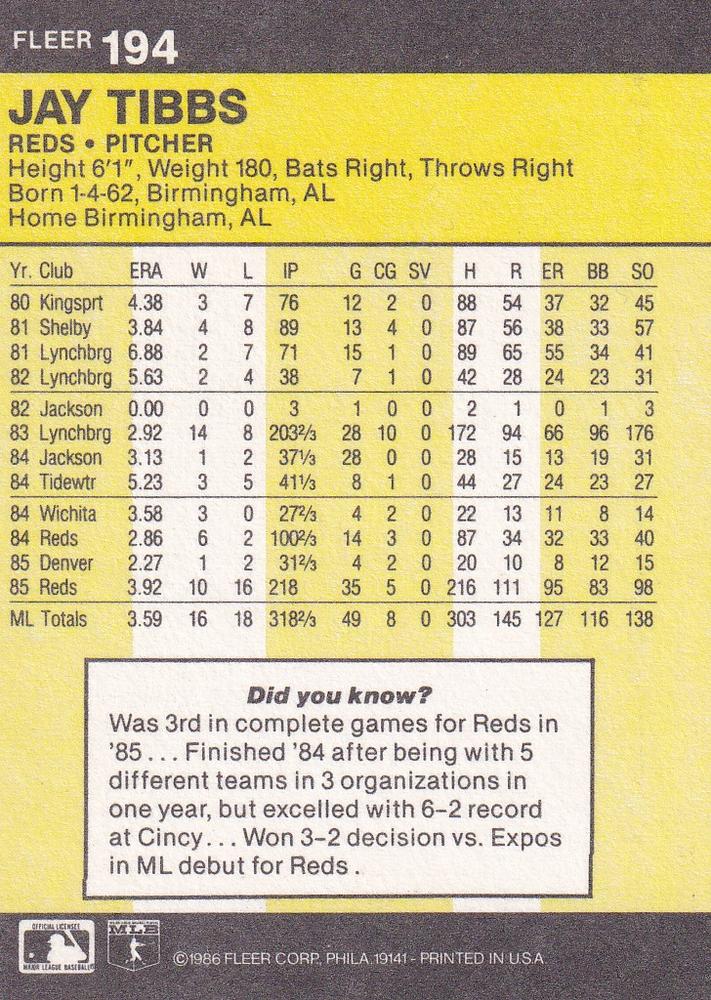 Jay Tibbs  baseball card collectible - Main Image 2