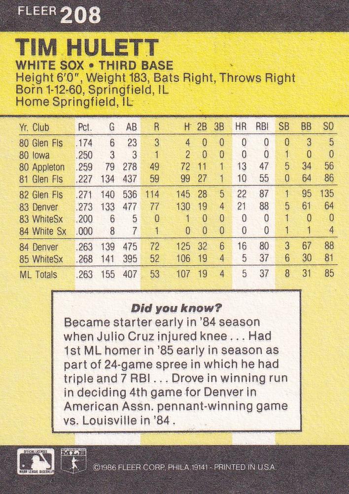 Tim Hulett  baseball card collectible - Main Image 2