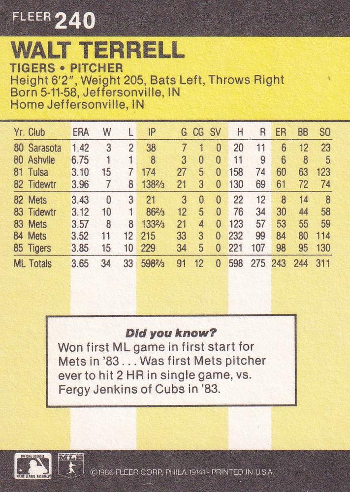 Walt Terrell  baseball card collectible - Main Image 2