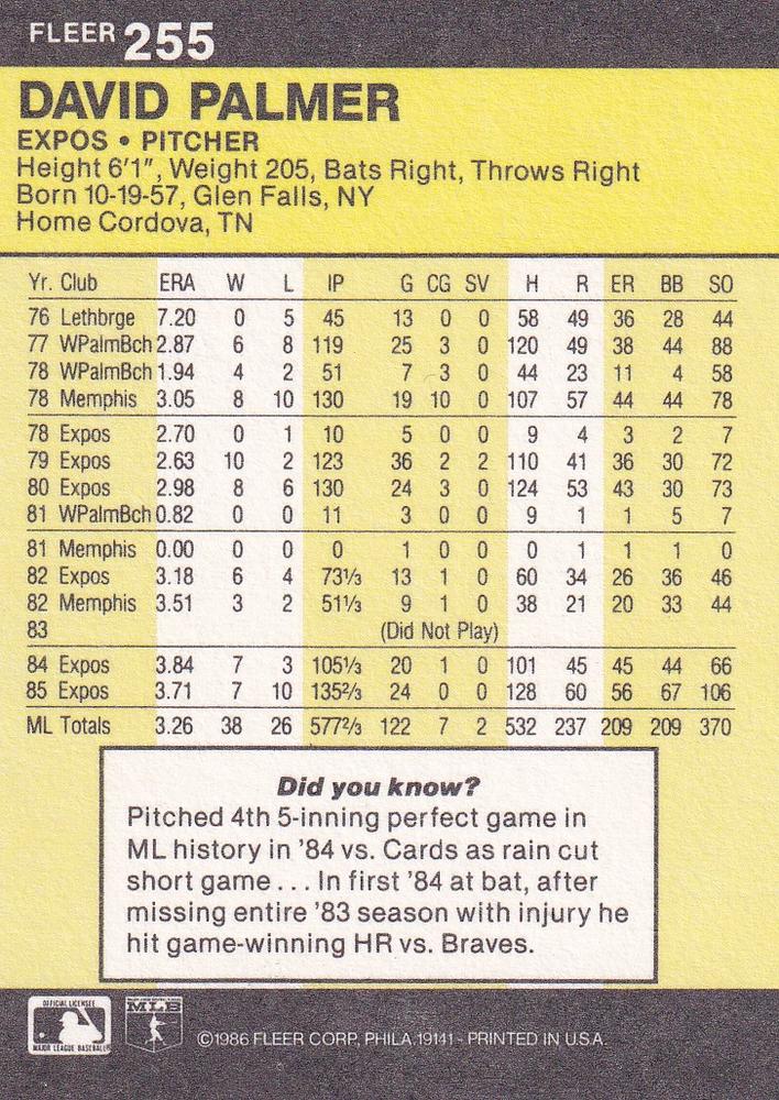 David Palmer  baseball card collectible - Main Image 2