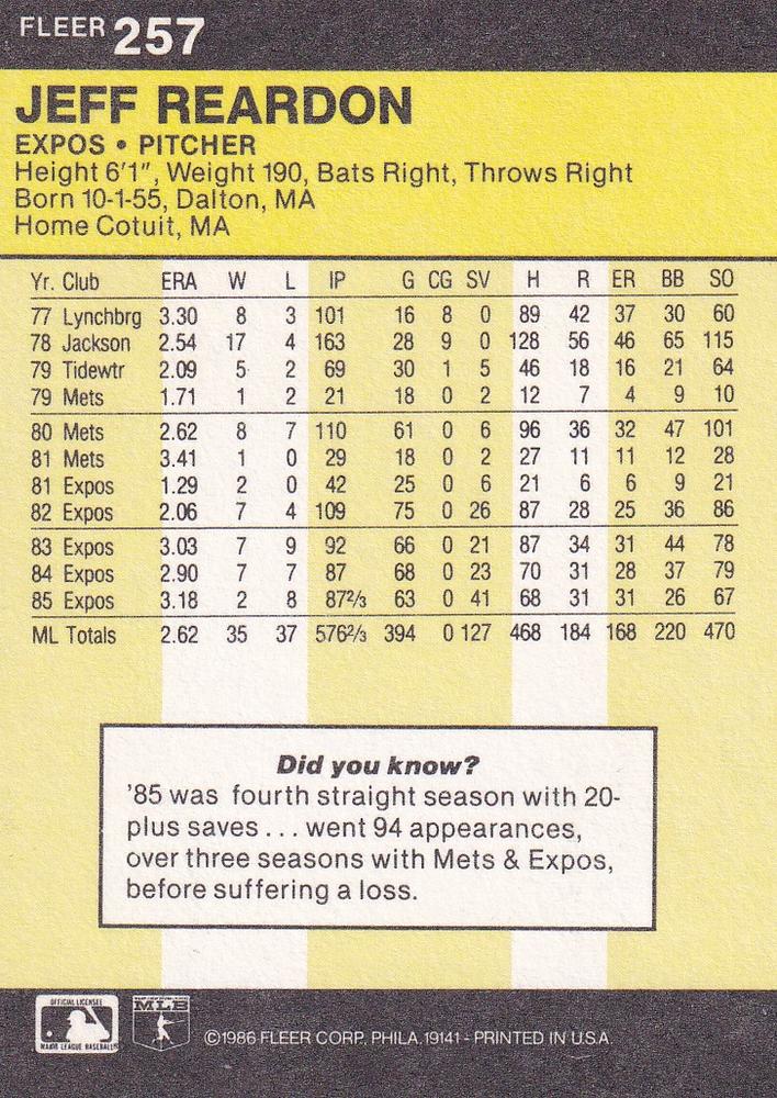 Jeff Reardon  baseball card collectible - Main Image 2
