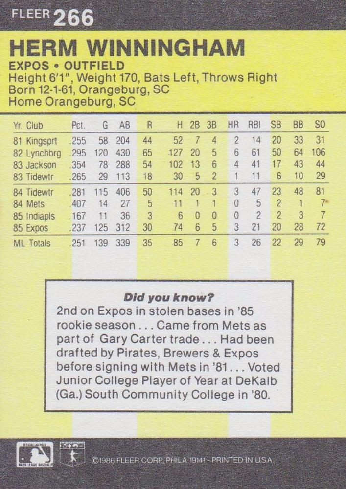 Herm Winningham  baseball card collectible - Main Image 2