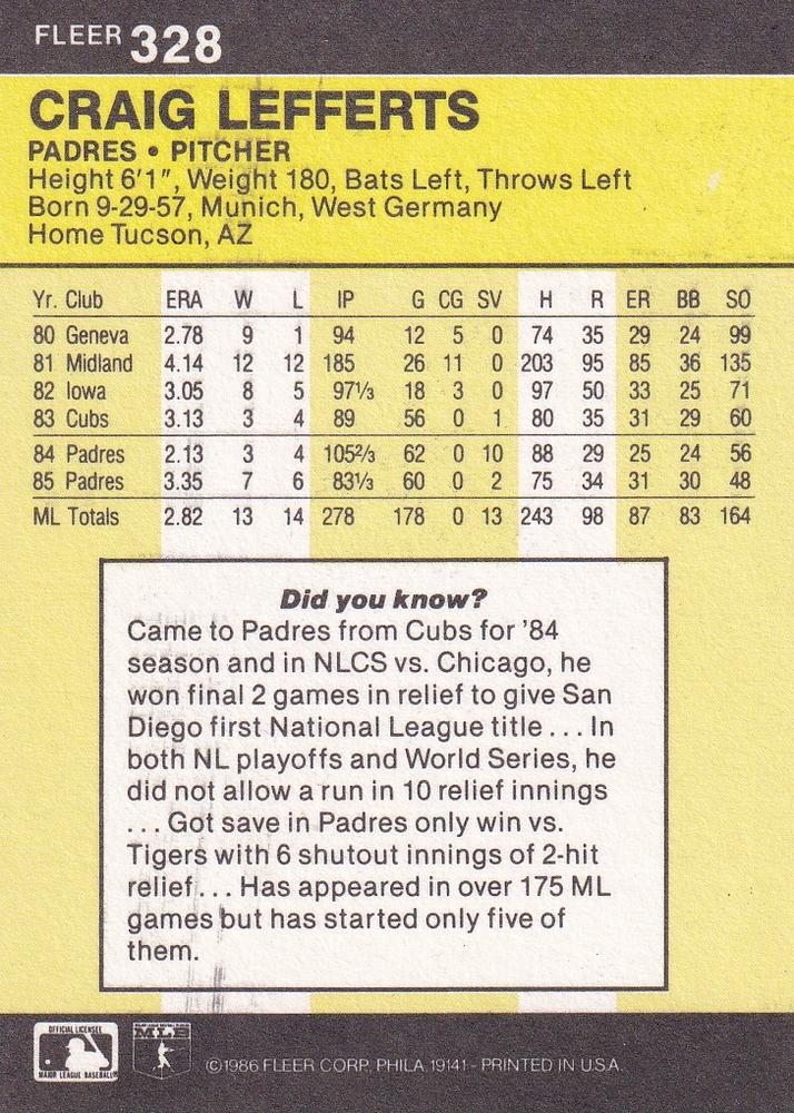 Craig Lefferts  baseball card collectible - Main Image 2