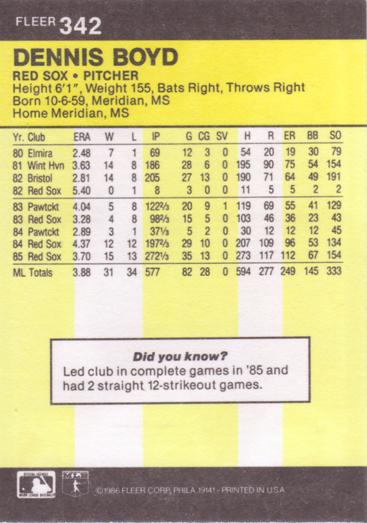 Dennis Boyd  baseball card collectible - Main Image 2