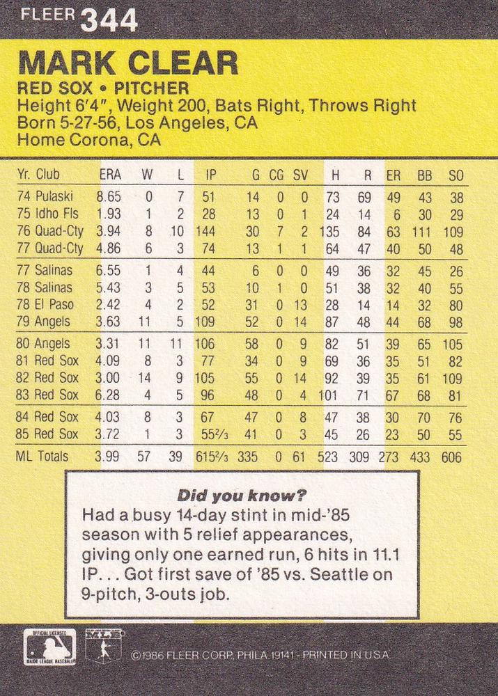 Mark Clear  baseball card collectible - Main Image 2