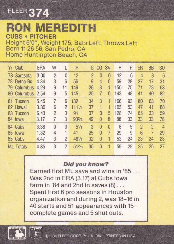 Ron Meridith  baseball card collectible - Main Image 2