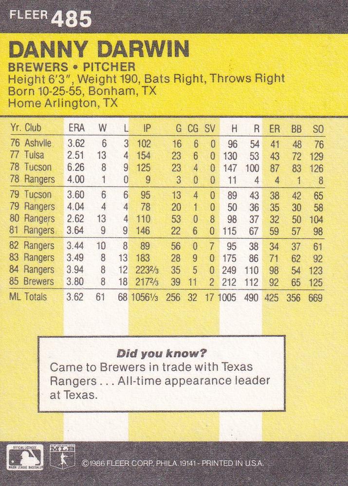 Danny Darwin  baseball card collectible - Main Image 2