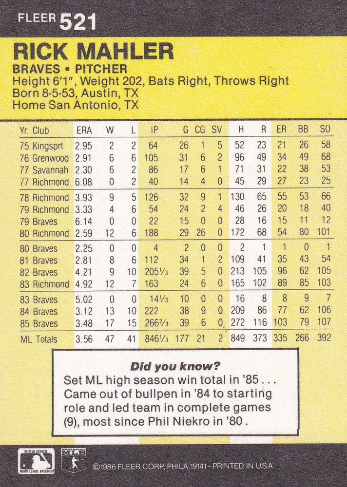 Rick Mahler  baseball card collectible - Main Image 2
