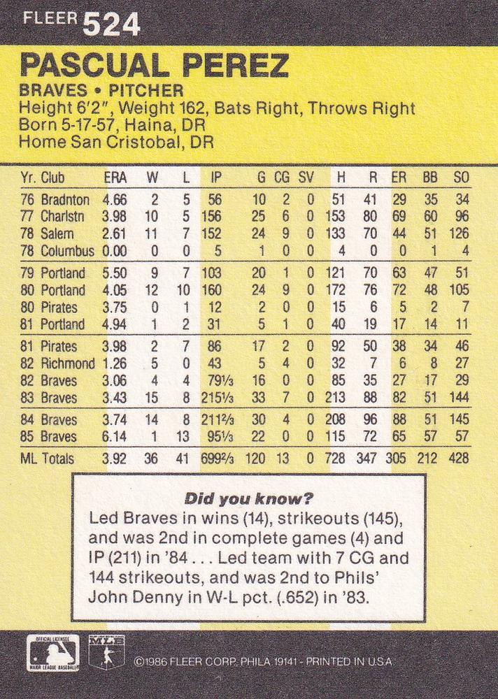 Pascual Perez  baseball card collectible - Main Image 2