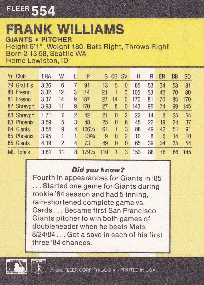 Frank Williams  baseball card collectible - Main Image 2