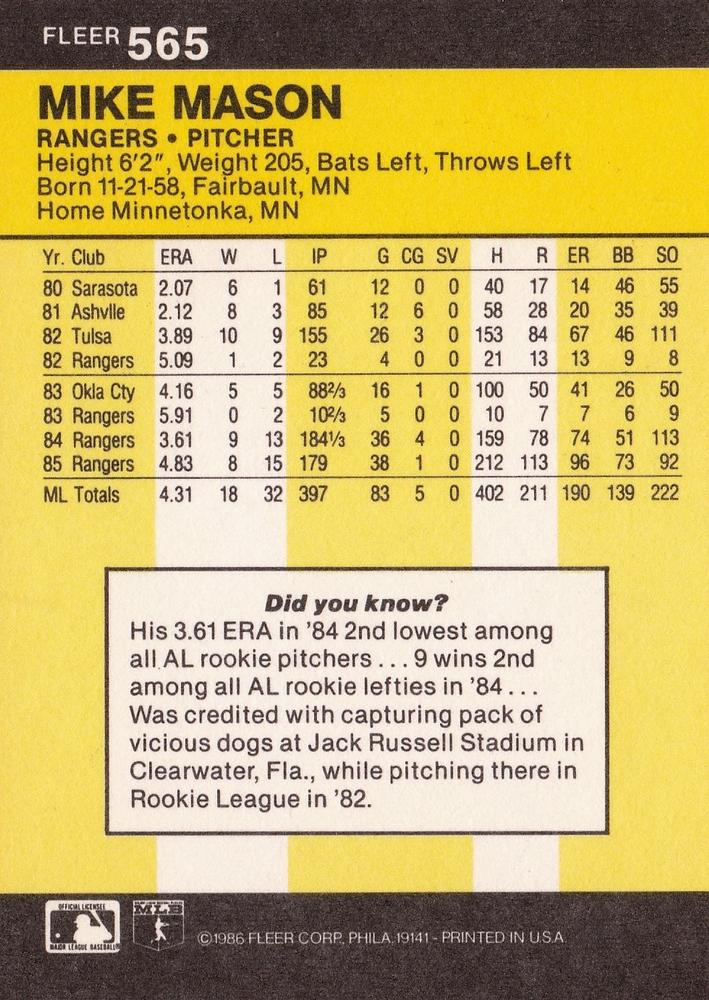 Mike Mason  baseball card collectible - Main Image 2