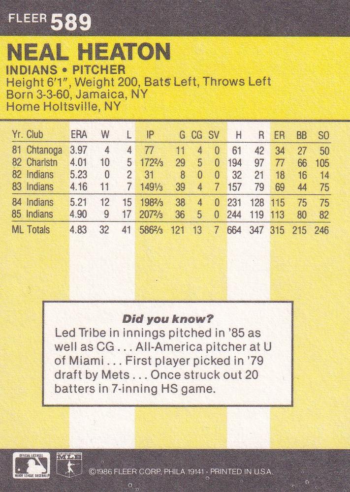 Neal Heaton  baseball card collectible - Main Image 2