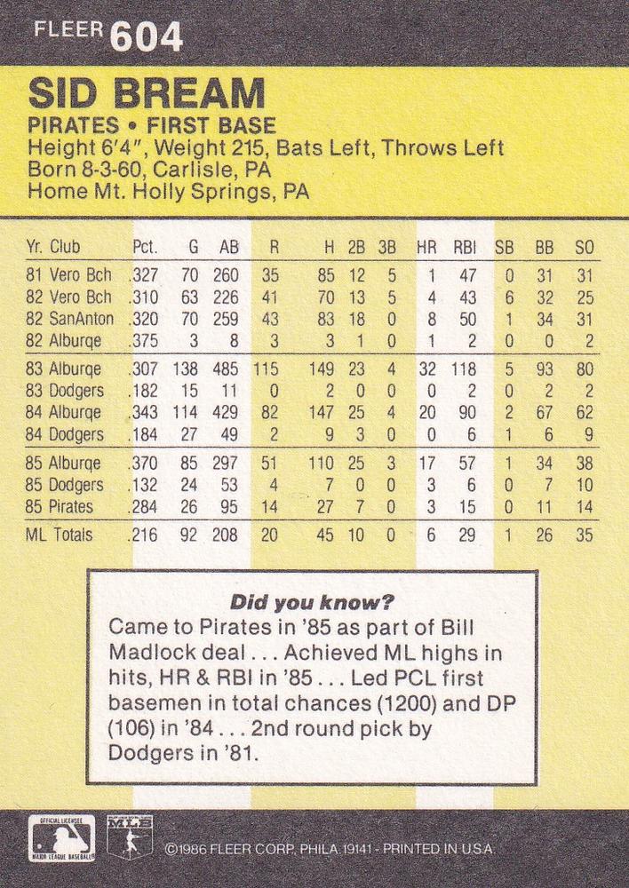 Sid Bream  baseball card collectible - Main Image 2