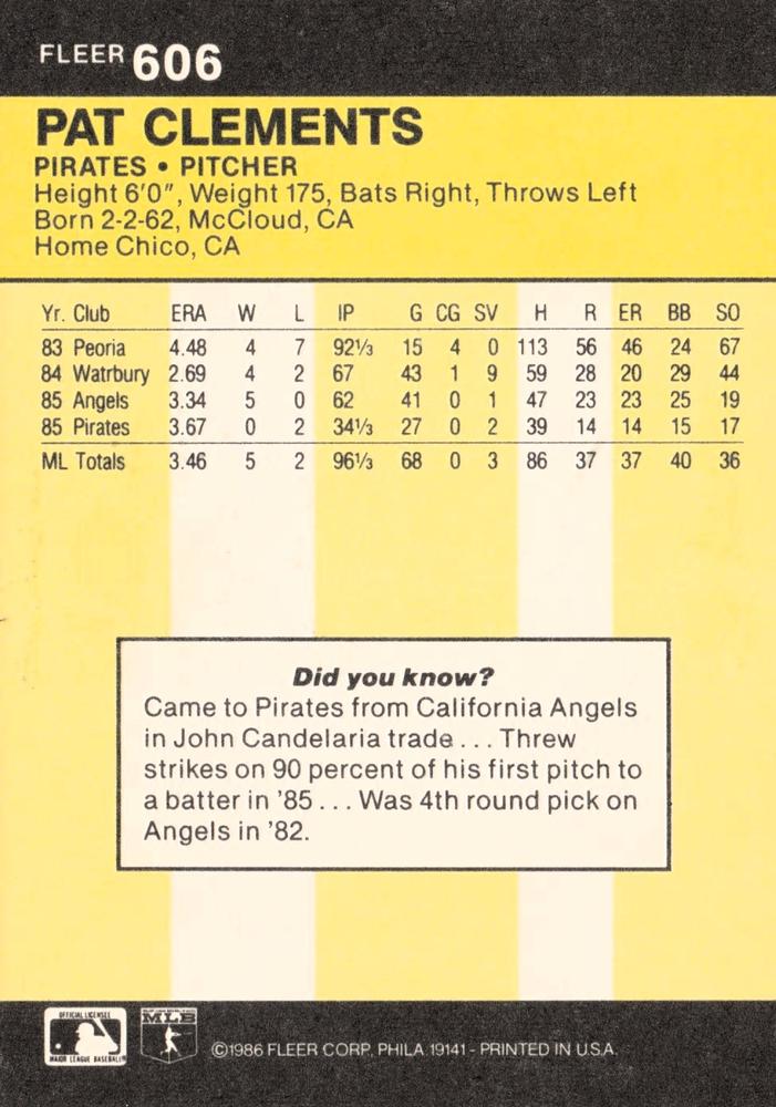 Pat Clements  baseball card collectible - Main Image 2