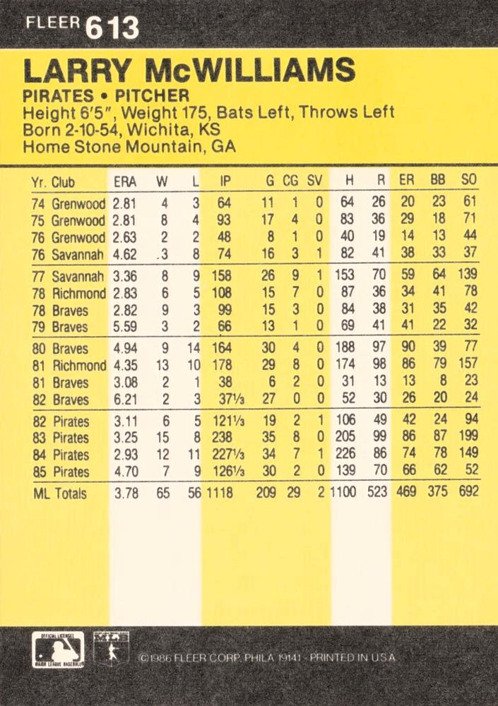 Larry McWilliams  baseball card collectible - Main Image 2
