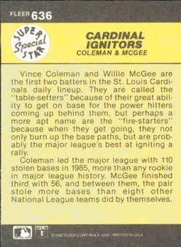 Cardinal Ignitors (Vince Coleman / Willie McGee)  baseball card collectible - Main Image 2