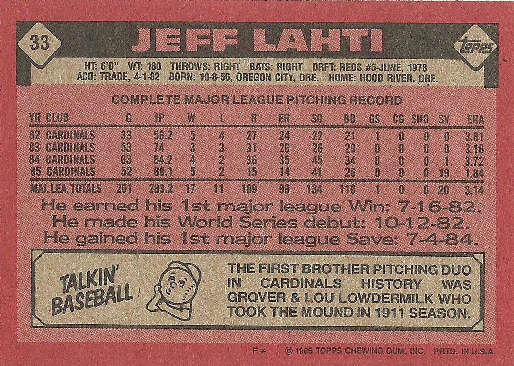 Jeff Lahti  baseball card collectible - Main Image 2