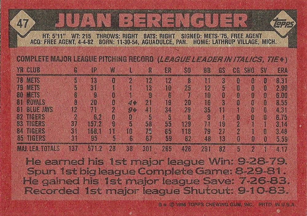 Juan Berenguer  baseball card collectible - Main Image 2