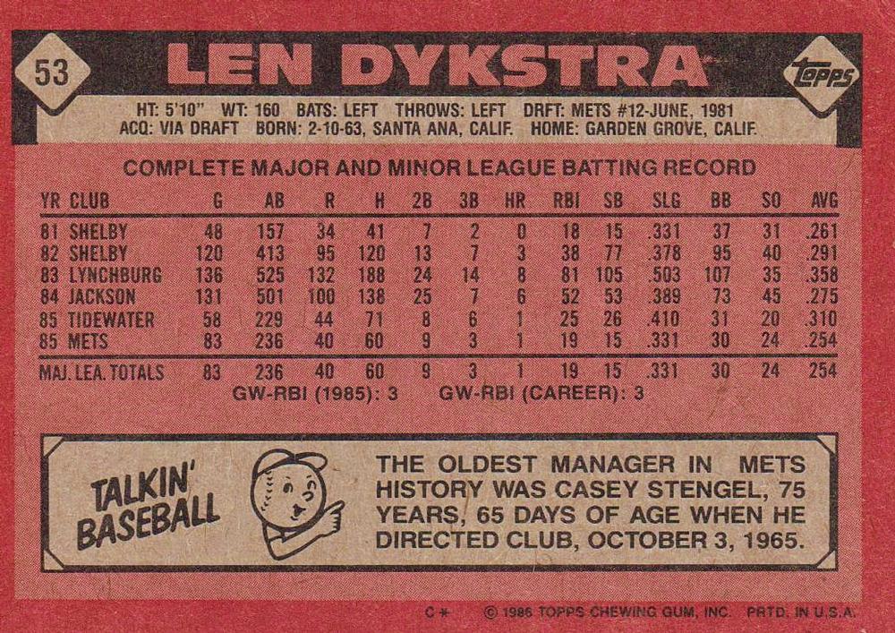 Len Dykstra  baseball card collectible - Main Image 2
