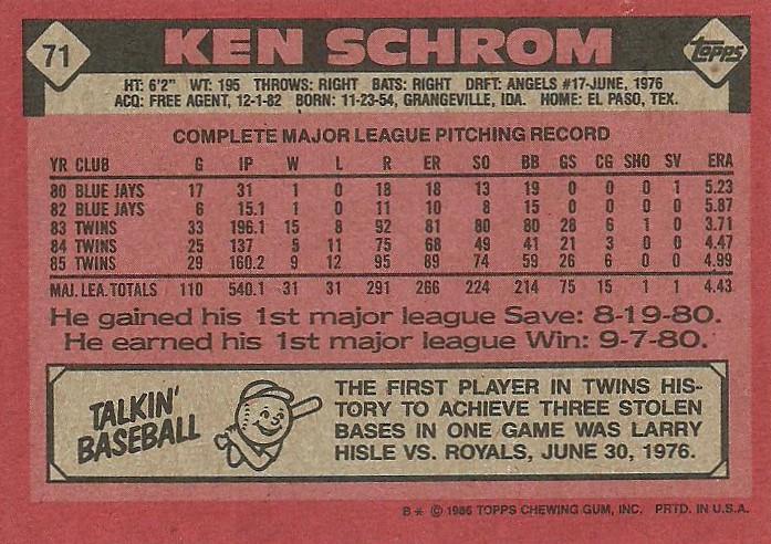 Ken Schrom  baseball card collectible - Main Image 2