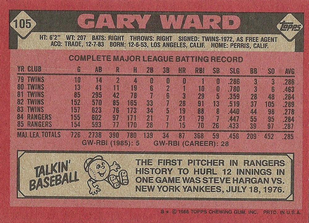 Gary Ward  baseball card collectible - Main Image 2