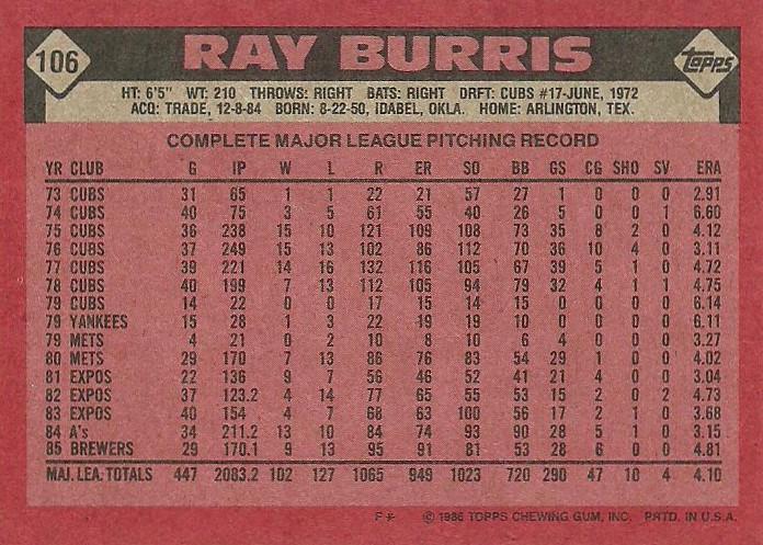 Ray Burris  baseball card collectible - Main Image 2