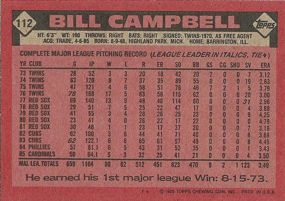 Bill Campbell  baseball card collectible - Main Image 2