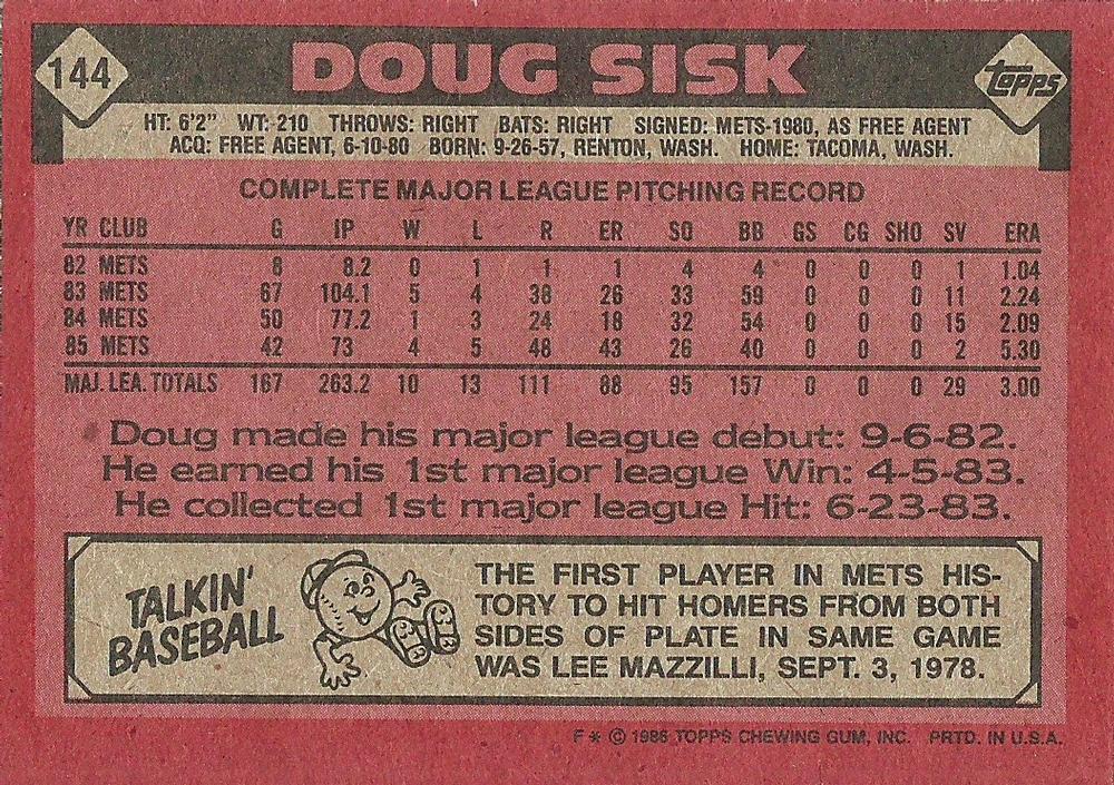 Doug Sisk  baseball card collectible - Main Image 2