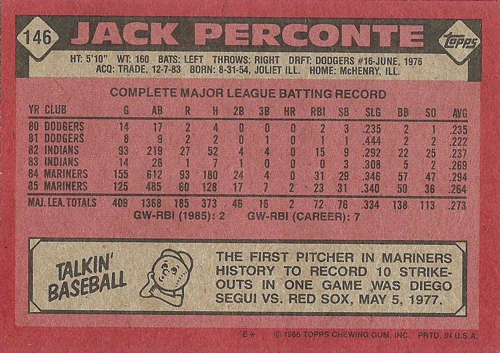 Jack Perconte  baseball card collectible - Main Image 2