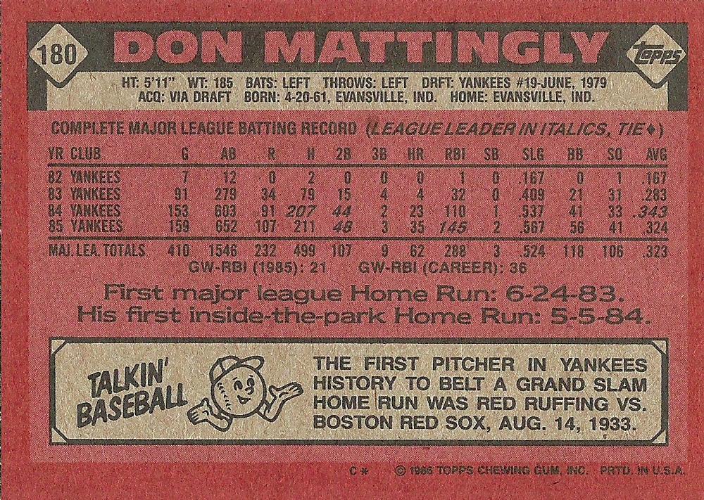 Don Mattingly  baseball card collectible - Main Image 2