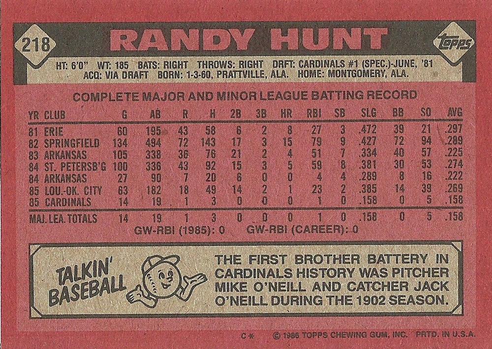 Randy Hunt  baseball card collectible - Main Image 2
