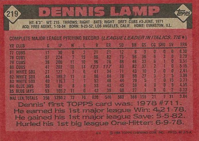 Dennis Lamp  baseball card collectible - Main Image 2