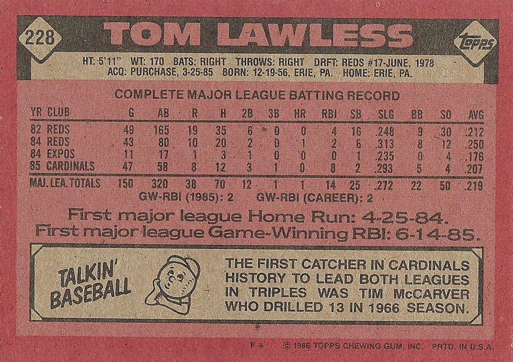 Tom Lawless  baseball card collectible - Main Image 2