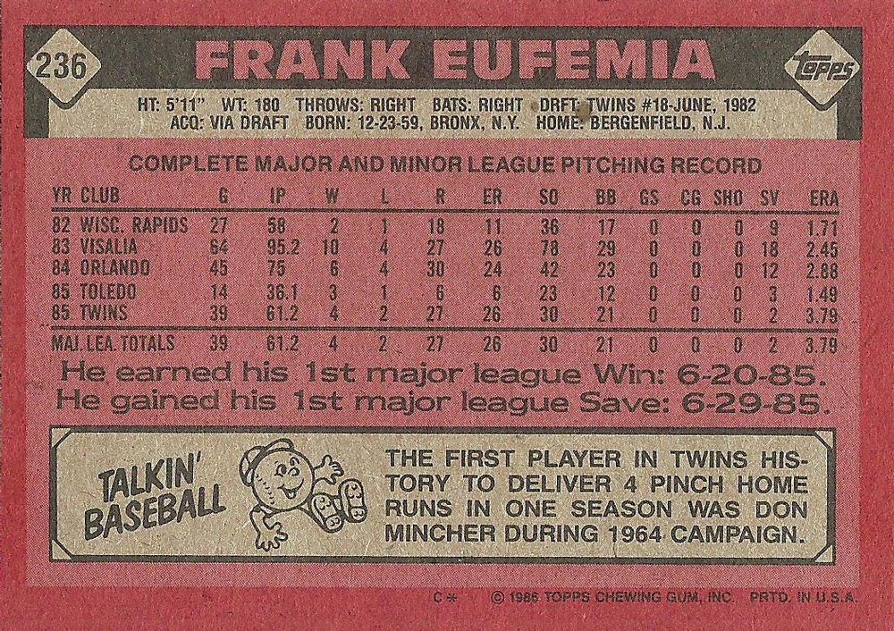 Frank Eufemia  baseball card collectible - Main Image 2
