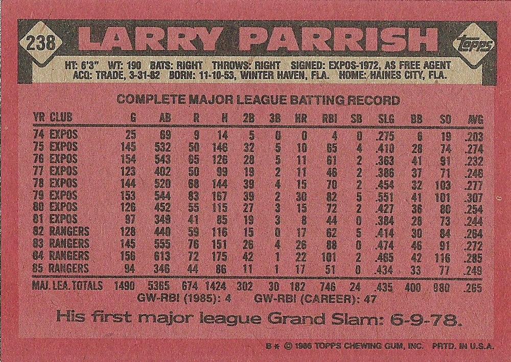 Larry Parrish  baseball card collectible - Main Image 2