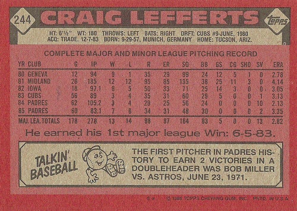Craig Lefferts  baseball card collectible - Main Image 2