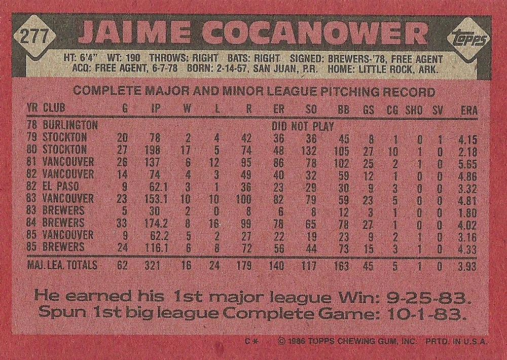 Jaime Cocanower  baseball card collectible - Main Image 2