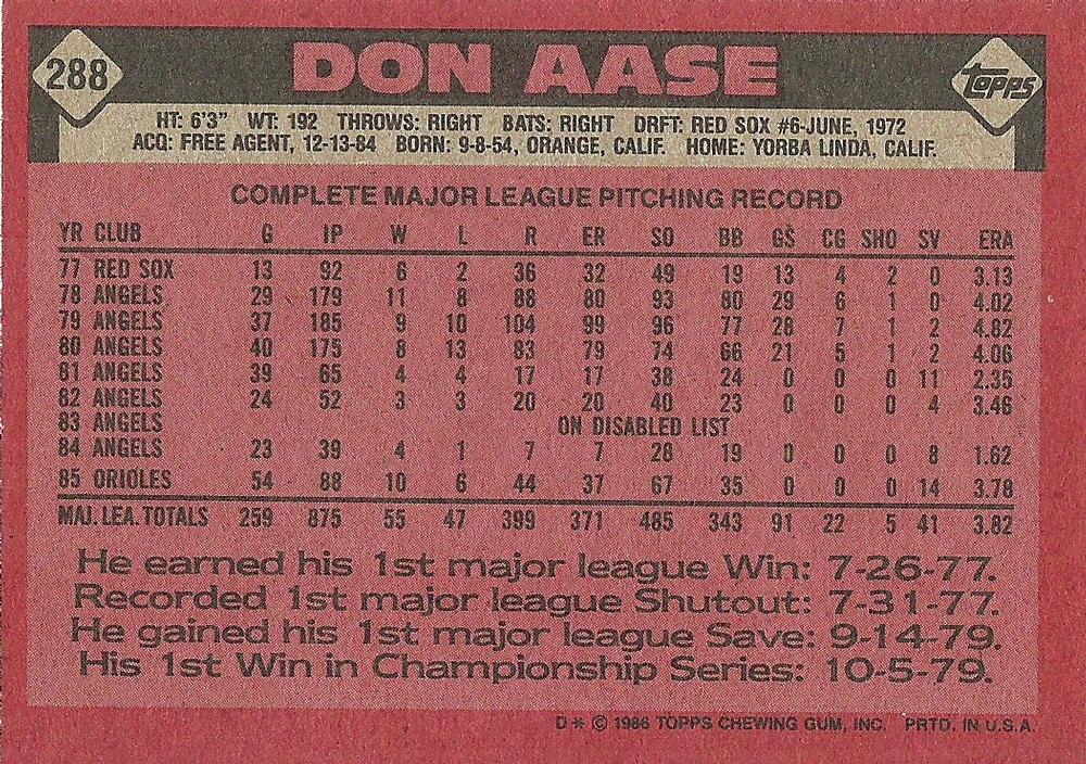 Don Aase  baseball card collectible - Main Image 2
