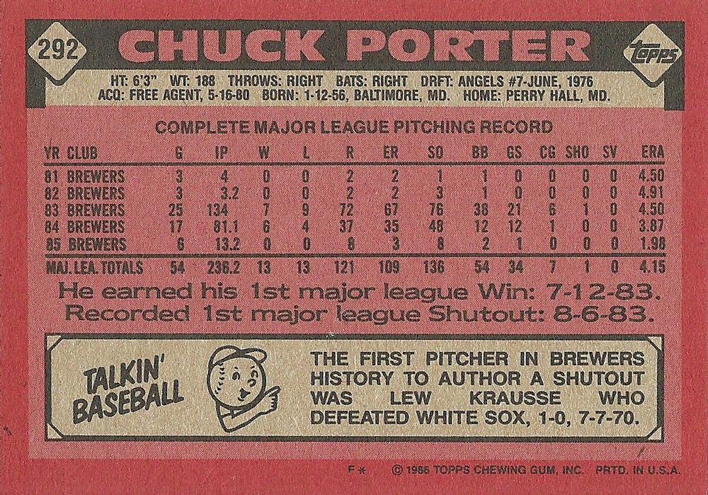 Chuck Porter  baseball card collectible - Main Image 2