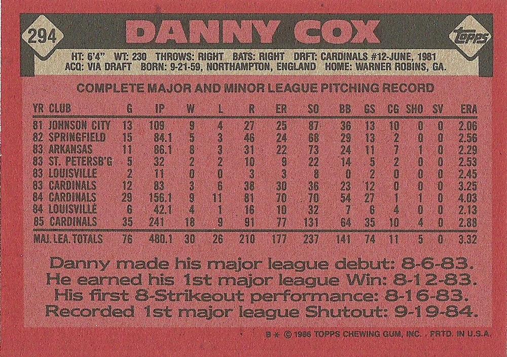Danny Cox  baseball card collectible - Main Image 2