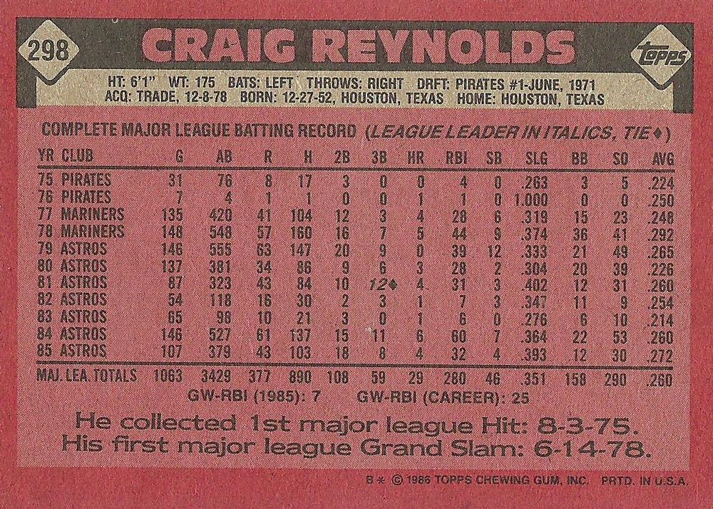 Craig Reynolds  baseball card collectible - Main Image 2